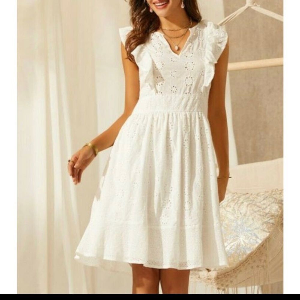 NWT Suzanne Betro white eyelet sleeveless dress ruffles midi length